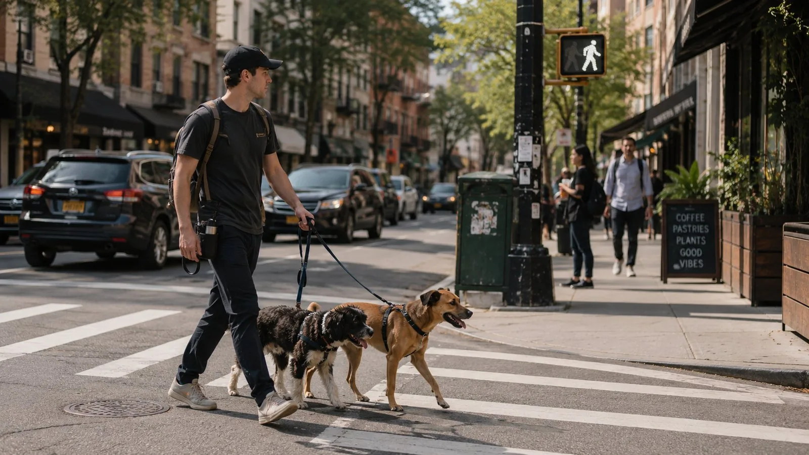 A Houndry walker crossing a city street with three dogs