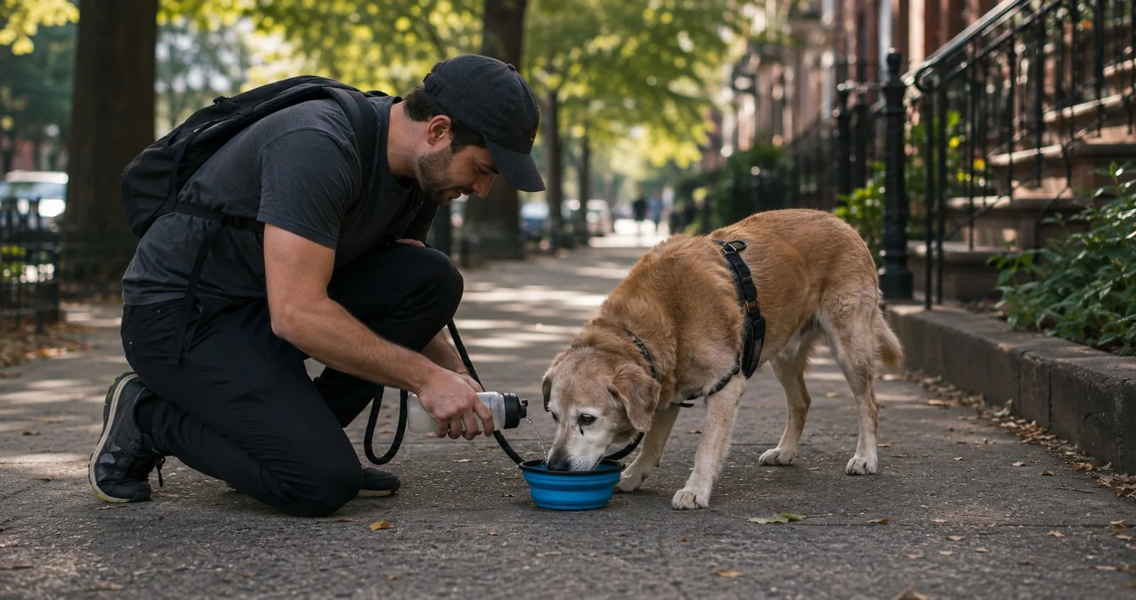 A Houndry walker giving water to an older dog on a tree-lined street
