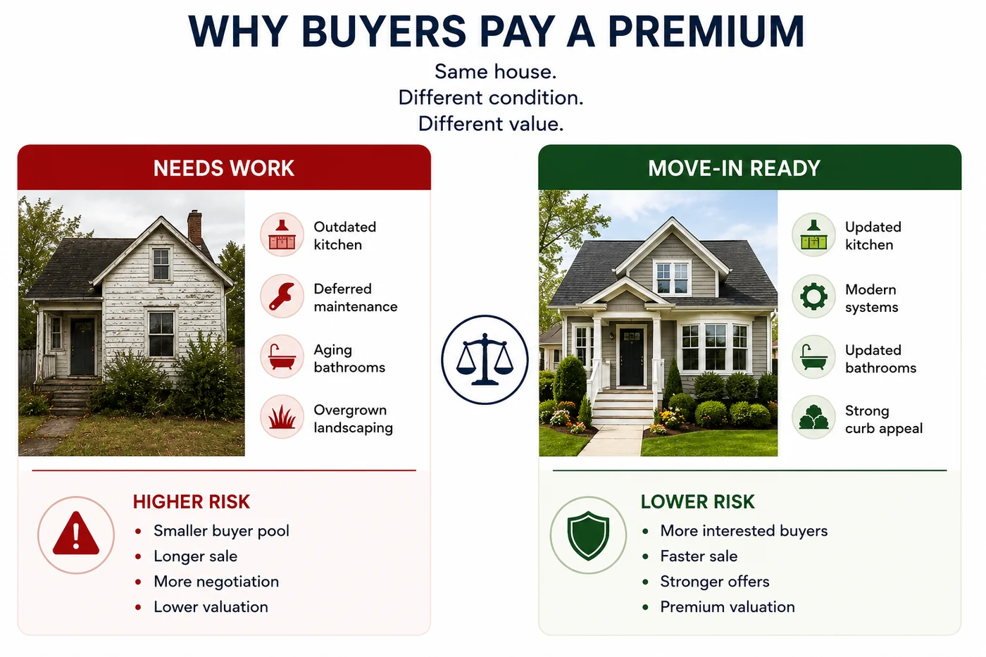 Why buyers pay a premium. The same house in needs-work condition (outdated kitchen, deferred maintenance, aging bathrooms) means higher risk, a smaller buyer pool, and a lower valuation. In move-in-ready condition it means lower risk, more interested buyers, stronger offers, and a premium valuation. Same house, different condition, different value.