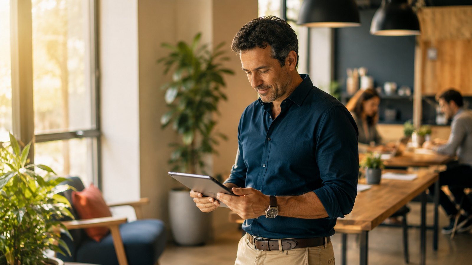 A service-business owner reviewing operations on a tablet while his team works in the background