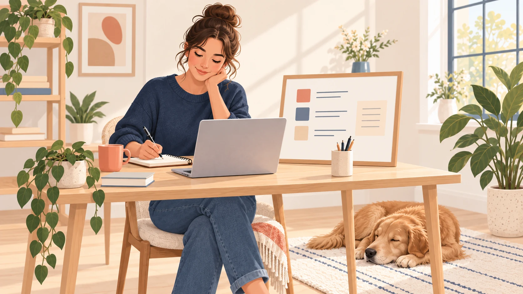 A pet-care business owner writing notes at a sunny desk beside a laptop and an organized board, with her golden retriever resting nearby.