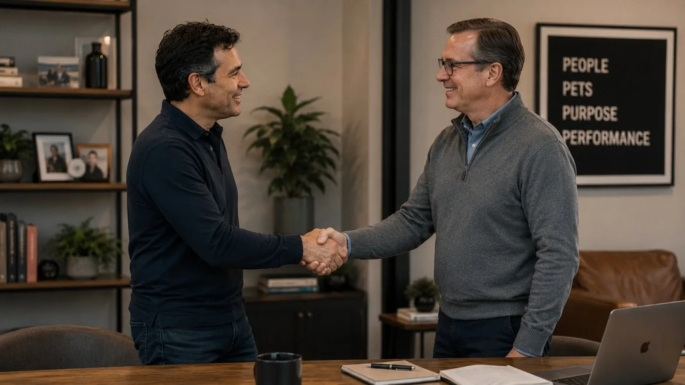 Two Houndry partners shaking hands in the office