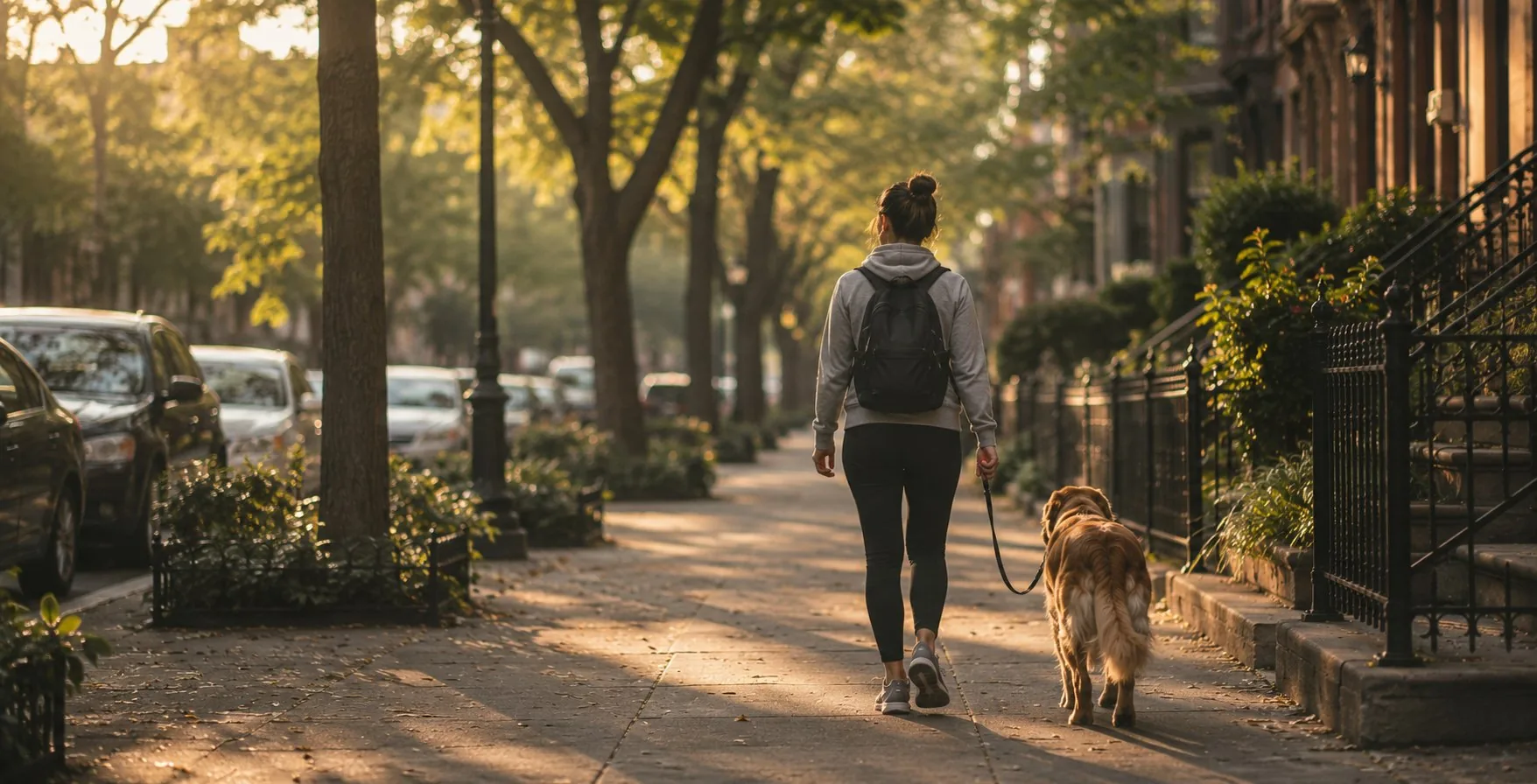 A Houndry walker and dog on a tree-lined city street at golden hour
