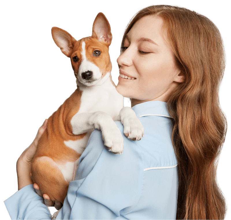 A Houndry team member holding a corgi puppy