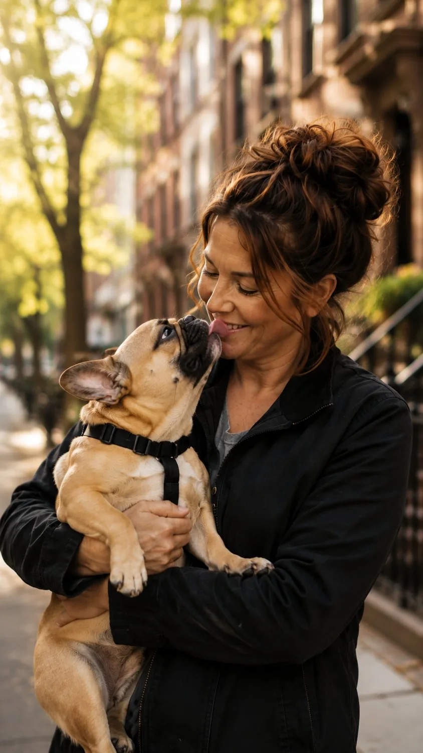 A Houndry operator on a tree-lined city street holding a French Bulldog