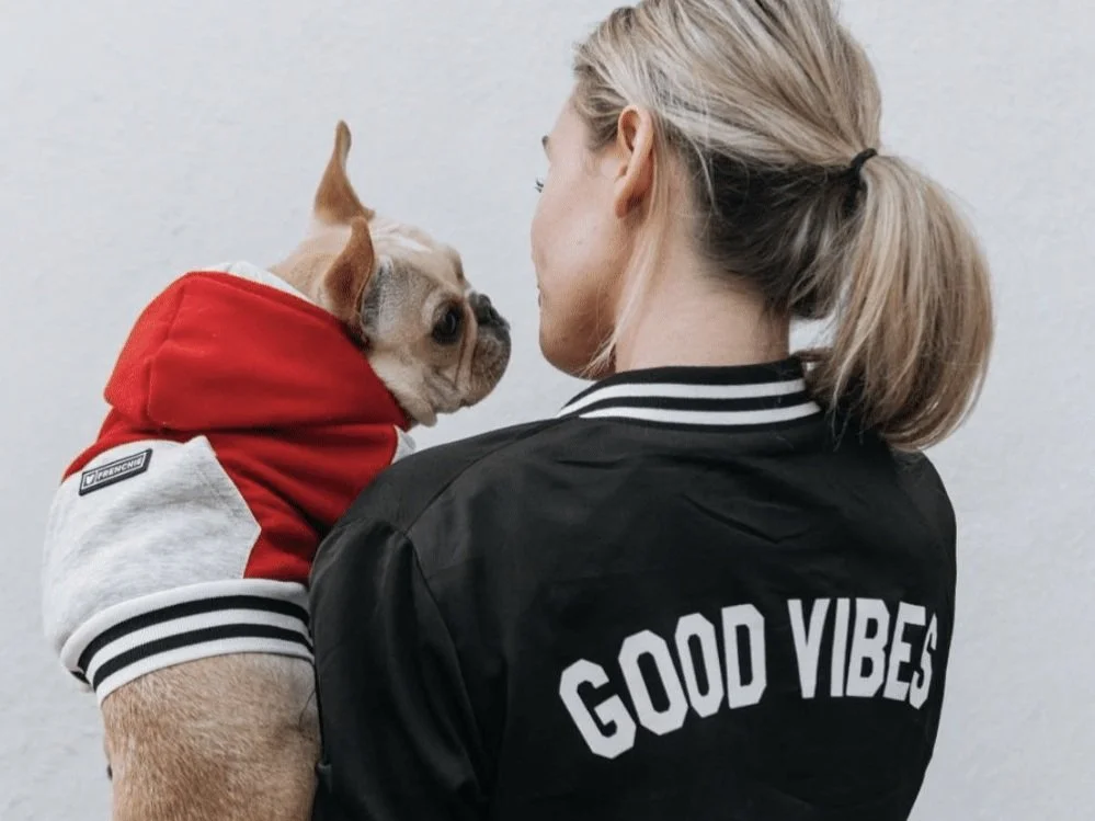 A team member in a 'Good Vibes' jacket holding a French Bulldog