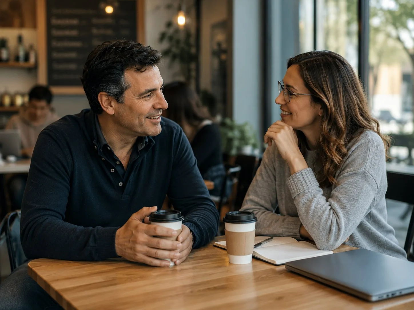 A pet-care business owner and a Houndry operator talking over coffee