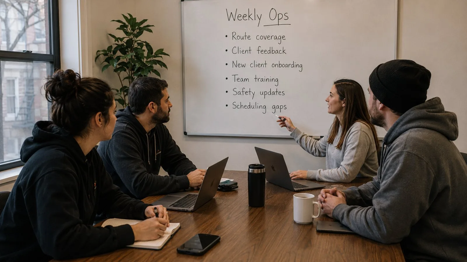 The Houndry team in a weekly operations meeting