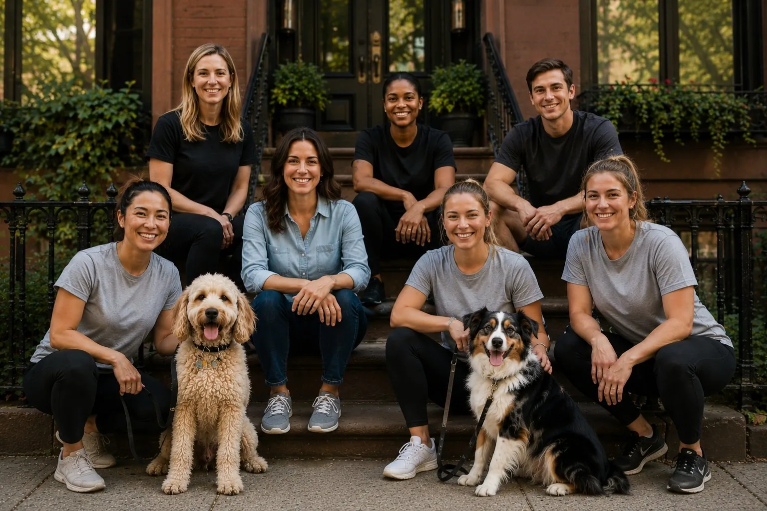 The Houndry pet-care team with dogs on a brownstone stoop