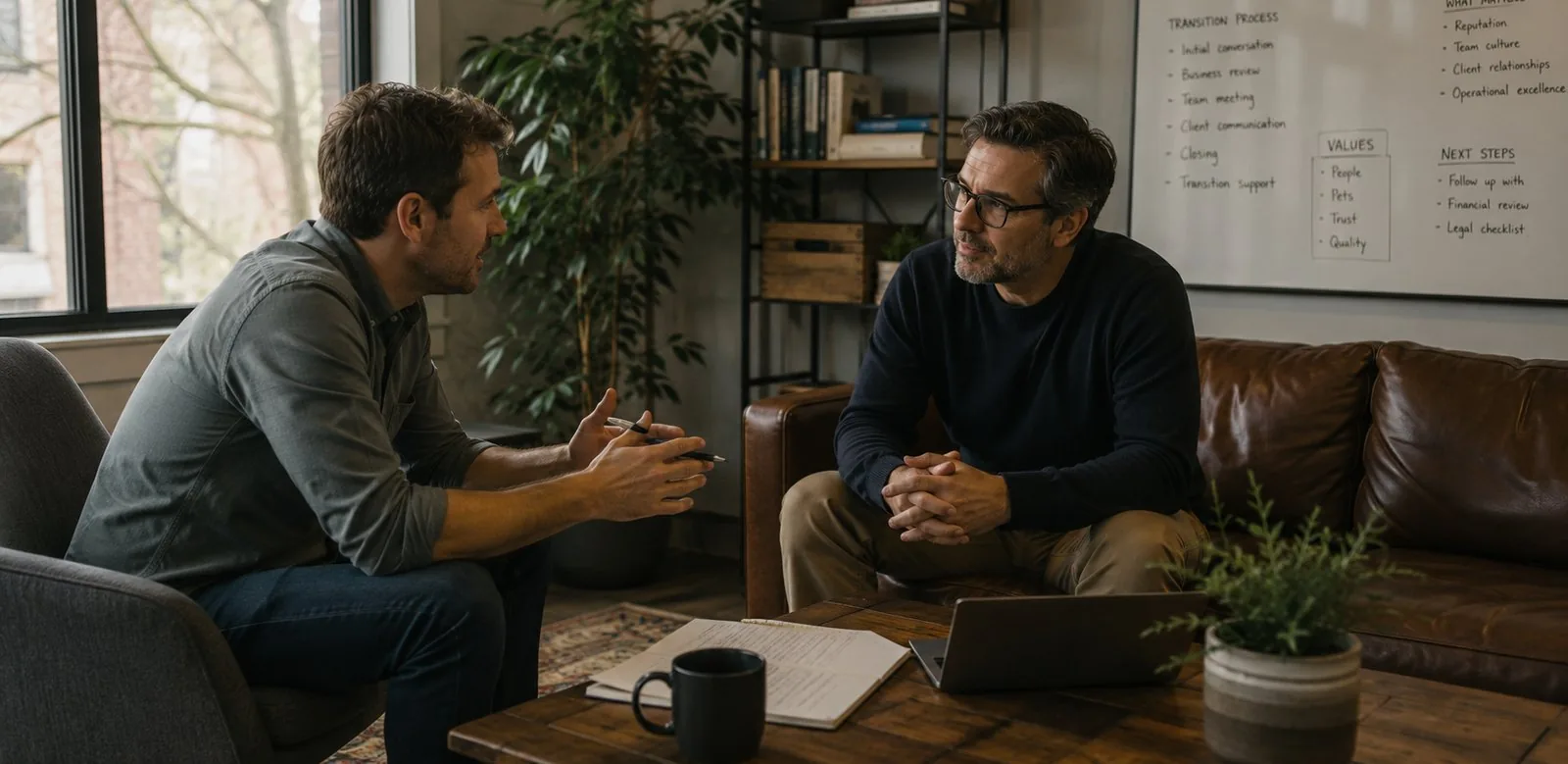 A Houndry advisor and a pet-care business owner discussing a transition plan