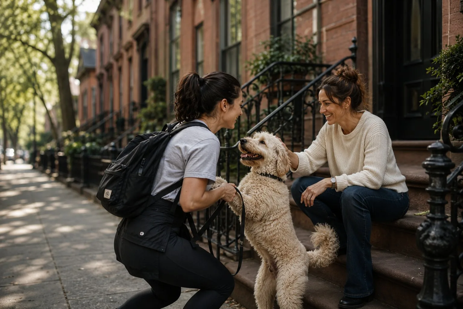 A Houndry walker greeting a client and her dog on a brownstone stoop